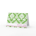 green white and pink damask print thank you card