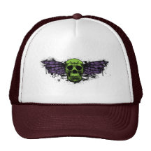Green winged skull trucker hat