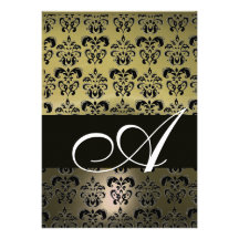 GREY BLACK  DAMASK MONOGRAM ,bright white Personalized Invitations