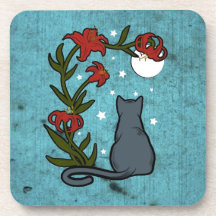 Grey cat under moonlight with tiger lilies drink coasters