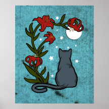 Grey cat under moonlight with tiger lilies poster
