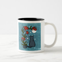 Grey Cat under the moon with tiger lilies Mugs