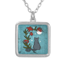 Grey cat under the moonlight with tiger lilies necklace
