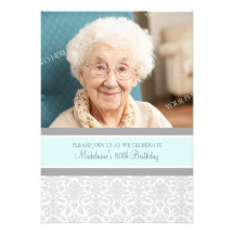 Grey Damask Photo 80th Birthday Party Invitations