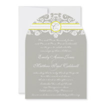 Grey Damask Swirls Bight Yellow Wedding Invitation