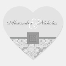 Grey Damask with Quatrefoil Cross Wedding Stickers