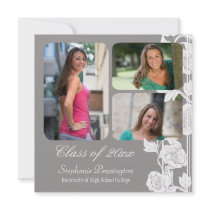 Grey floral 3 photo graduation party announcement