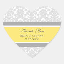 Grey Lemon Damask Thank You Wedding Favour Tags Sticker