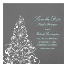Grey Sparkly Holiday Tree Save the Date Invite