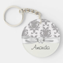 grey white baroque damask round acrylic key chains