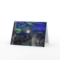 Grey Wolf, Ravens & Aurora Greeting-card