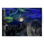 Grey Wolf, Ravens & Aurora Greeting-card