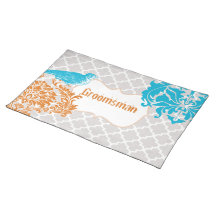 Groomsman Sea Blue Vintage Bird Coral and Grey Place Mat