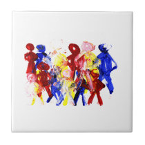 Group of standing stick figures finger painting re tiles