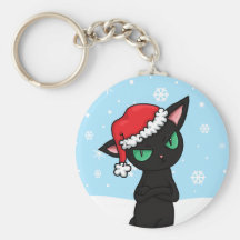 Grumpy Black Cat wearing Santa Hat Keychains