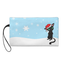 Grumpy Black Cat wearing Santa Hat Wristlet