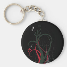 Grunge Swirls 2 Butterflies Original Black Red Keychain