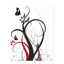Grunge Swirls 2 Butterflies Original Black Red Post Card
