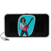 Guitar player, dark skinned, playing electric iPhone speakers