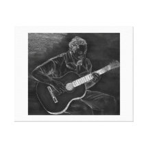 Guitar player drawing, white on black version stretched canvas print