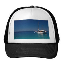 Gulet moored off town beach, Olu Deniz, Turkey Trucker Hats
