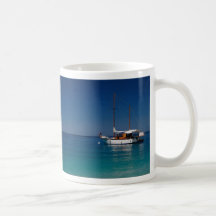 Gulet moored off town beach, Olu Deniz, Turkey Coffee Mugs