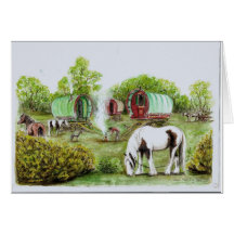 Gypsy camp fire, bowtop wagons and horses card
