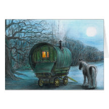 Gypsy wagon and horse by moonlight greeting cards