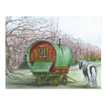 Gypsy Wagon and horse postcard