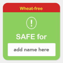 h1 - SAFE FOOD LABEL w/ Custom Name ~ WHEAT-FREE. Square Sticker