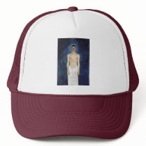 Half-Nude Self-Portrait Against A Blue Background Mesh Hats