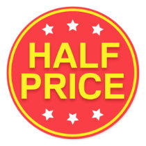 Half price sale, red and yellow retail stickers