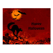 Halloween Black Cat and Bats Postcard