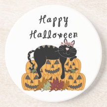 Halloween Black Cat and Pumpkins Drink Coasters