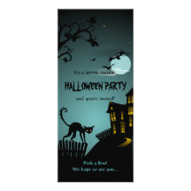 Halloween Black Cat Haunted House Blue Custom Invitations