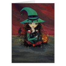 Halloween Card Cute Witch and Black Cat