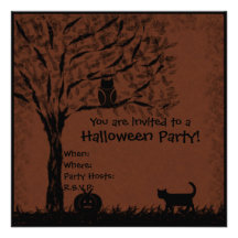 Halloween invite owl, cat & pumpkin