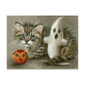Halloween Postcard Cat Kitten Ghost Pumpkin Art