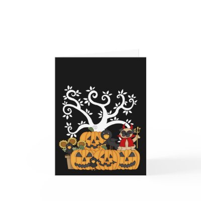 Halloween Pumpkins, Black Birds and Pug Dog Greeting Cards