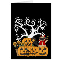 Halloween Pumpkins, Black Birds and Pug Dog Greeting Cards