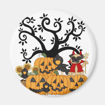 Halloween Pumpkins, Black Birds and Pug Dog Fridge Magnets