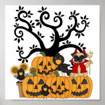 Halloween Pumpkins, Black Birds and Pug Dog