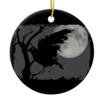Halloween Raven in Branch with Full Moon