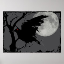 Halloween Raven in Branch with Full Moon