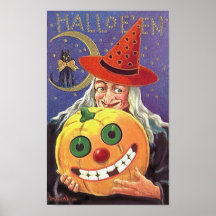 Halloween Smiling Witch and Pumpkin Print