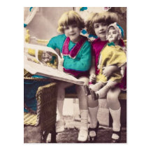 Hand Coloured Little Girls Reading Vintage Post Cards