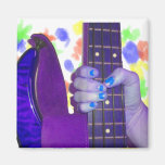 Hand holding bass guitar blue and purple photo refrigerator magnets