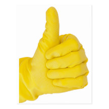 Hand in yellow latex glove post card