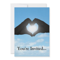 Hands in Heart Shape Silhouette on Blue Sky Personalised Invitation