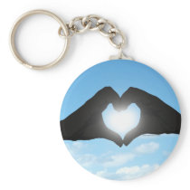 Hands in Heart Shape Silhouette on Blue Sky Key Chain